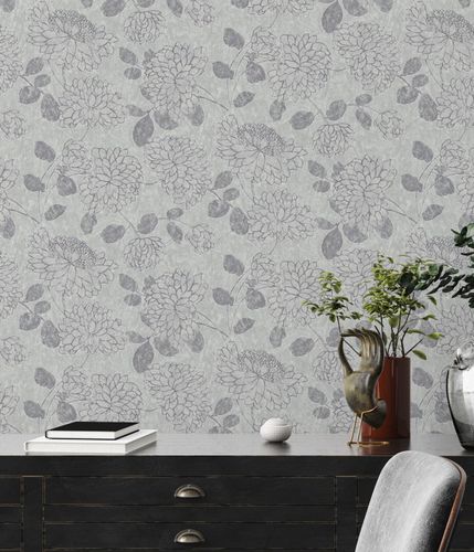 Non-woven wallpaper flowers grey silver metallic 39025-1