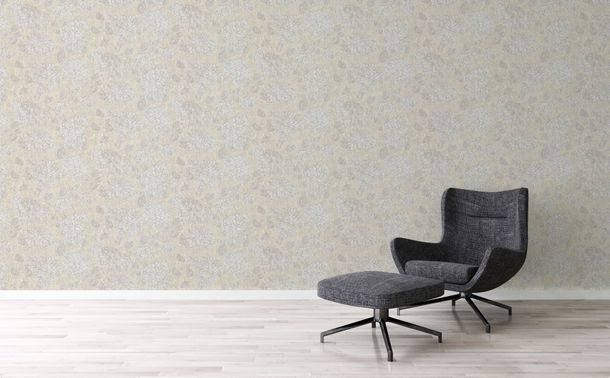 Non-woven wallpaper floral beige white metallic 39025-2