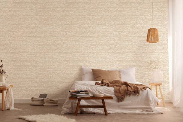 Non-woven wallpaper stone optics beige white 39027-2