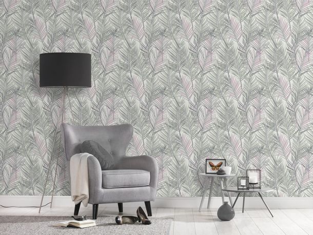Non-woven wallpaper leaves white silver metallic 39038-2