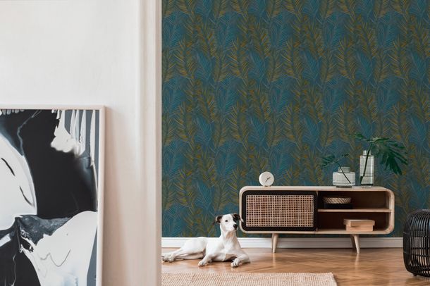 Non-woven wallpaper leaves petrol yellow gloss 39038-7