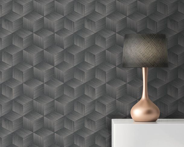 Non-Woven Wallpaper 3D Cubes grey Black Metallic 38506-4