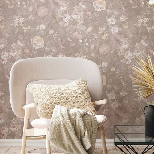 Non-woven wallpaper floral vintage brown white 38636-3