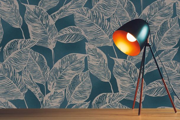 Non-woven wallpaper tropical leaves blue beige 38663-1
