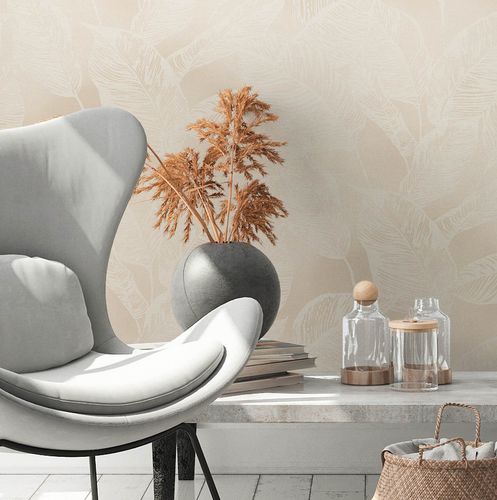 Non-woven wallpaper tropical leaves beige cream 38663-3
