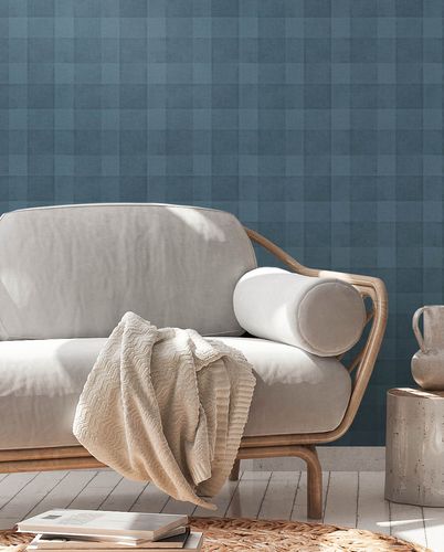 Non-woven wallpaper checkered pattern blue 38664-2