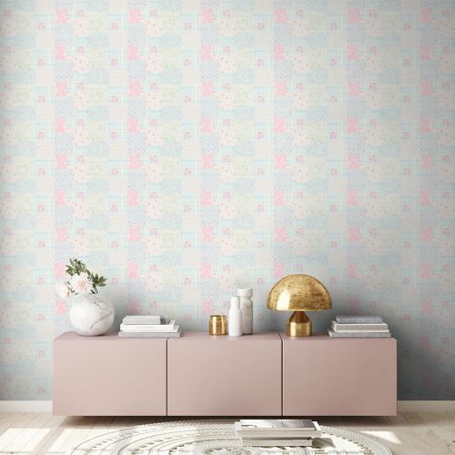 Non-Woven Wallpaper Patchwork Flowers Blue Pink 39066-1