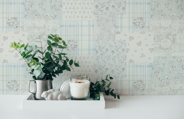 Non-Woven Wallpaper Patchwork Flowers Blue grey 39066-4