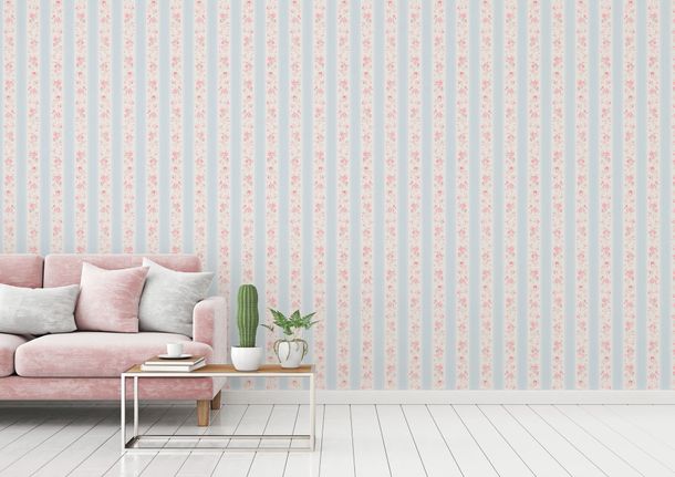 Non-woven wallpaper stripes flowers blue white pink 39069-1