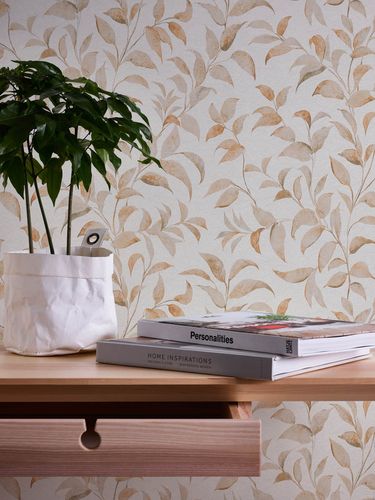 Non-woven wallpaper floral leaves white orange 38962-3