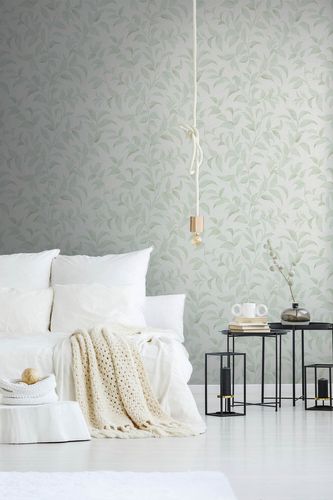 Non-woven wallpaper floral leaves twigs white green 38962-4
