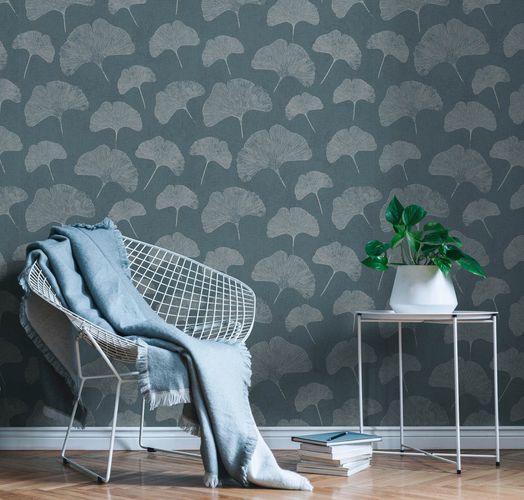 Non-woven wallpaper leaf pattern blue white 38966-2