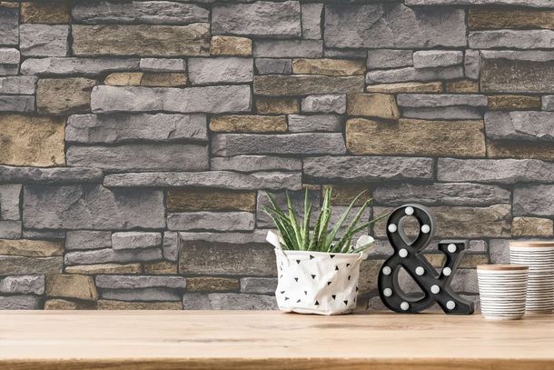 Non-woven wallpaper stone optic grey beige black 38813-1