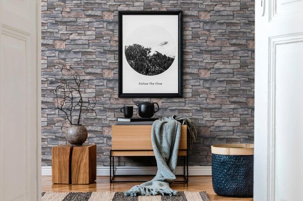 Non-woven wallpaper stone optic grey beige white 38813-2