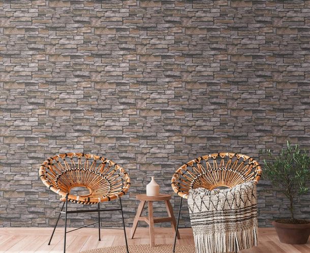 Non-woven wallpaper stone optics grey brown 38813-3