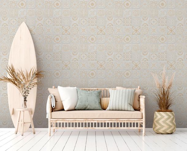 Non-woven wallpaper tiles floral white grey glitter 38921-1