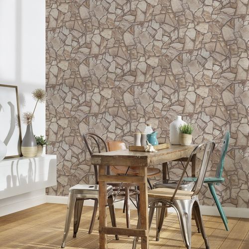 Non-woven wallpaper stone wall optics grey beige 3893-43
