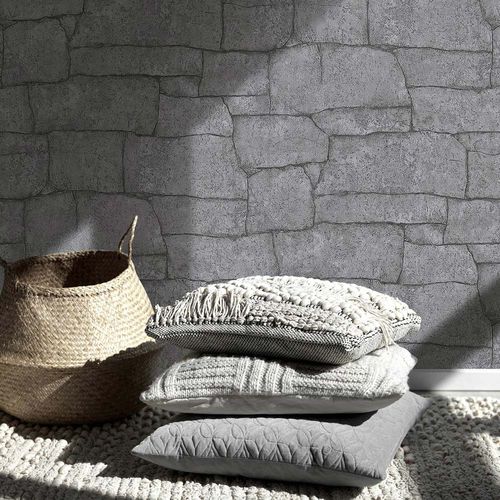 Non-woven wallpaper stone look wall dark grey 10297-47