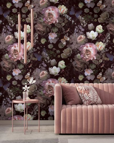 Photo Wallpaper Floral Roses Flowers Black Pink 81603