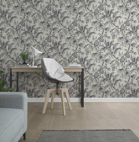 Non-Woven Wallpaper Leaves Beige Black White 82338