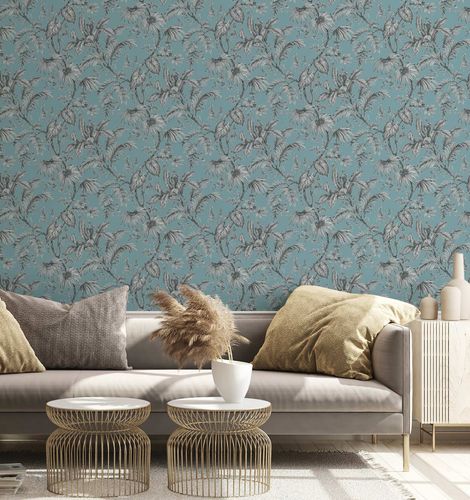 Non-Woven Wallpaper Leaves Floral Blue Black White 82340