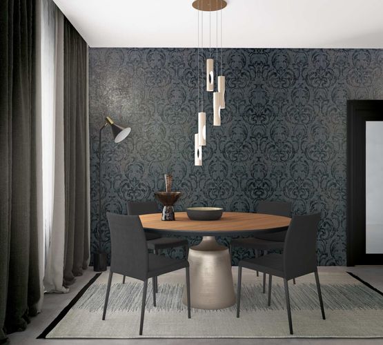 Non-Woven Wallpaper Ornaments Plaster Look Black grey