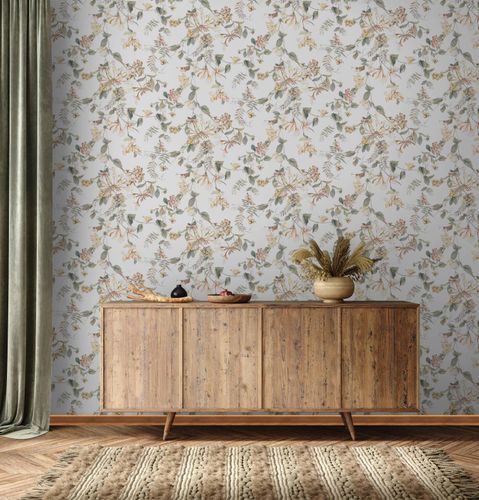 Non-woven wallpaper floral berries white green brown 47455