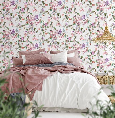 Non-Woven Wallpaper Floral White Pink Green 47456