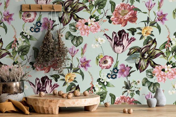 Non-Woven Wallpaper Flowers Leaves Green Pink Yellow 47459