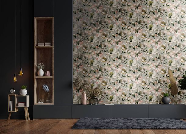 Non-woven wallpaper flowers branches beige white 47464