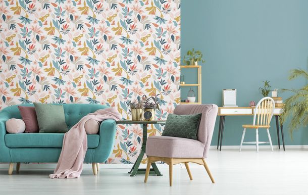 Non-woven wallpaper floral graphic white blue red 47467