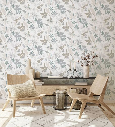 Non-woven wallpaper floral graphic white grey beige 47468