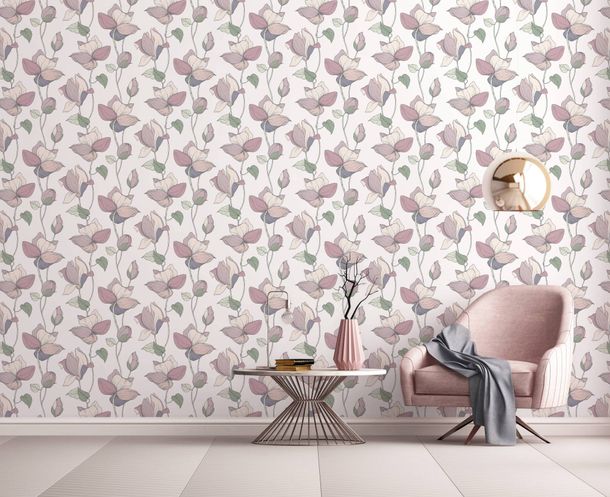 Non-woven wallpaper flowers illustration white pink 47472