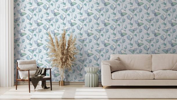 Non-Woven Wallpaper Flowers Illustration Blue Green 47473