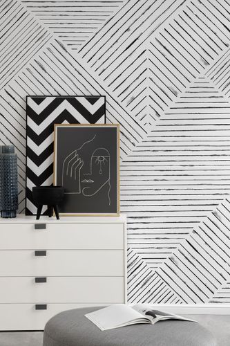 Digital print non-woven lines pattern white black 33126