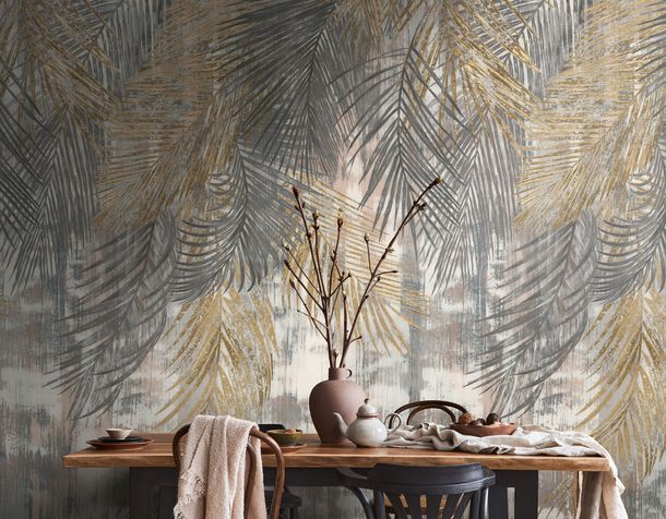 Photo Wallpaper jungle leaves grey yellow 39261-1