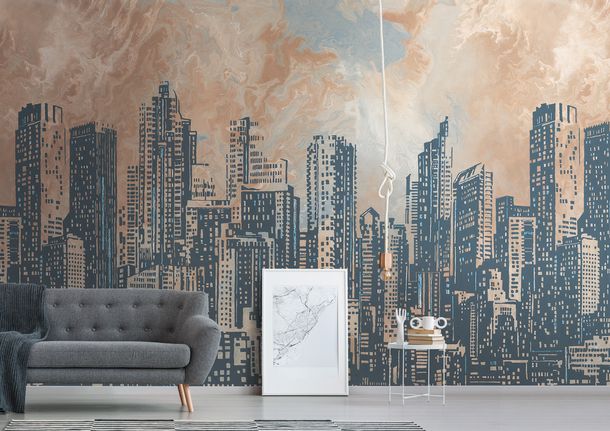 Photo Wallpaper Skyline Illustration Orange grey 39333-1