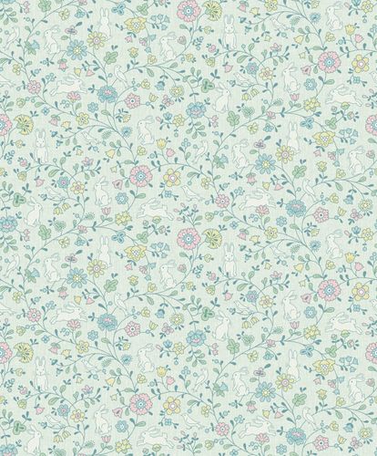 Non-Woven Wallpaper Rabbits Green Pink Blue JS3102