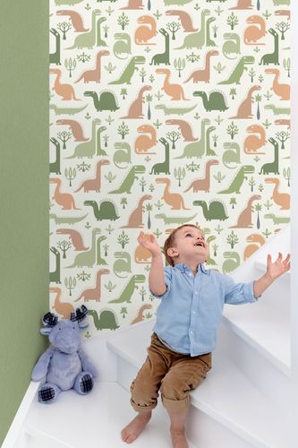 Non-woven wallpaper dinosaur white green brown