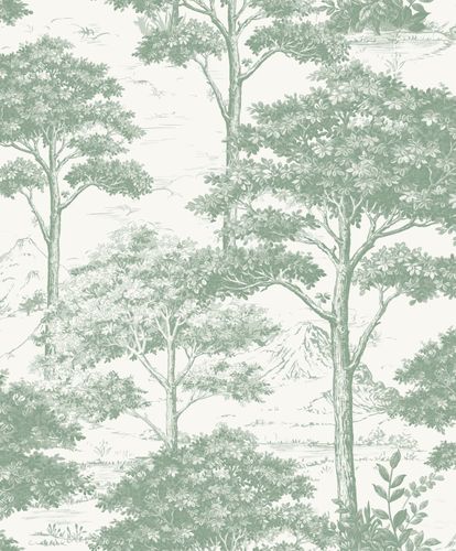 Non-woven wallpaper forest trees mountains cream green