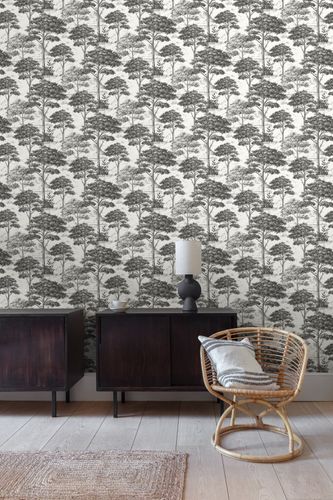 Non-woven wallpaper forest trees mountains cream black