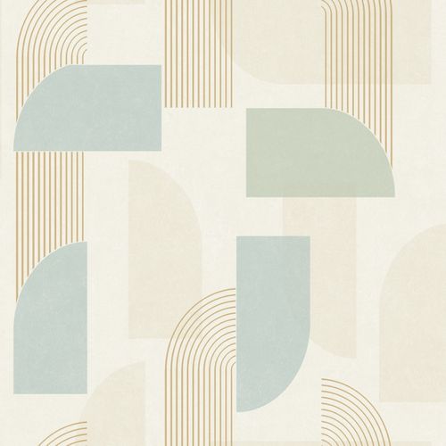 Non-woven wallpaper graphic beige blue green gold metallic