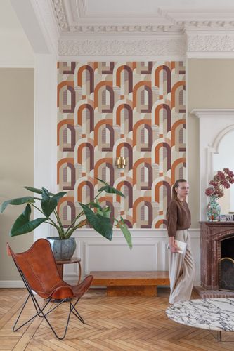 Non-woven wallpaper graphic arches white beige orange red