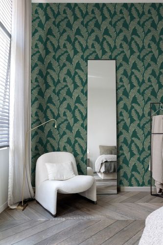 Non-Woven Wallpaper Leaves Green Beige Gold Metallic