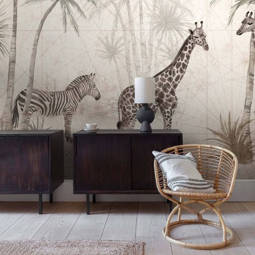 Wall Mural Animals Palms Beige grey Cream ML1501