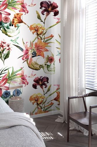 Wall Mural Floral Skull White Green Red ML2701
