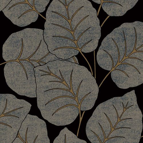 Non-woven wallpaper leaf pattern blue gold metallic A63503