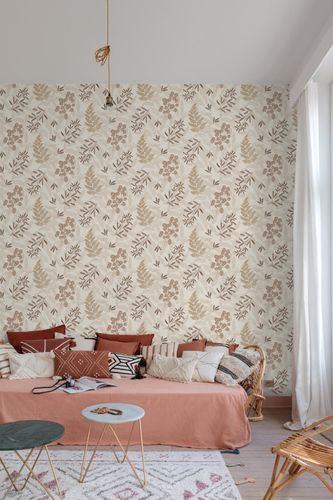 Non-woven wallpaper leaves tendrils cream brown gold A63902