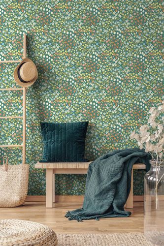 Non-Woven Wallpaper Floral Petrol Green Yellow A64103