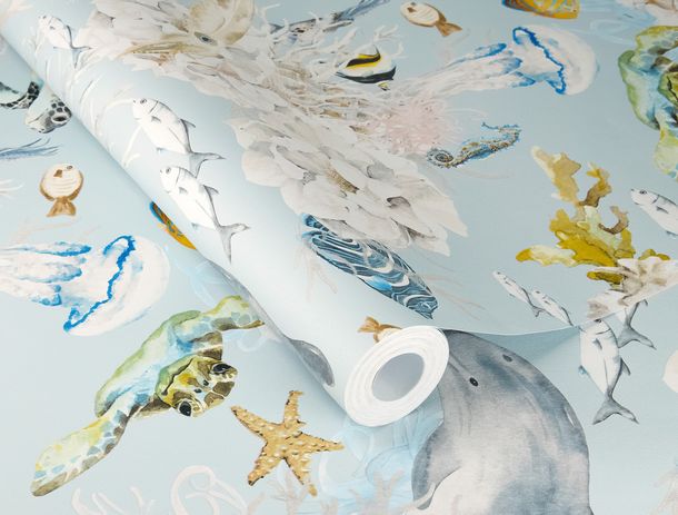 Rasch non-woven wallpaper fish coral blue cream 301328